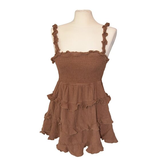 OLIVACEOUS Tiered Mini Dress Ruffled Saddle Brown Sz Medium Bohemian Western - Picture 1 of 7